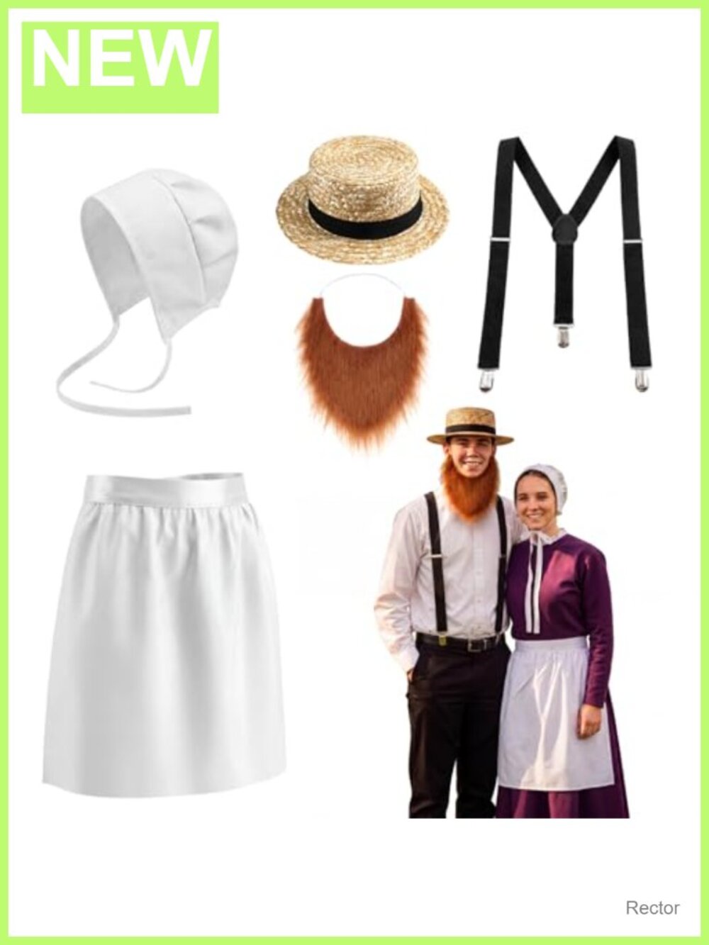 Amish Couples Costume Accessory Set Straw Hat Beard Suspenders Bonnet Apron